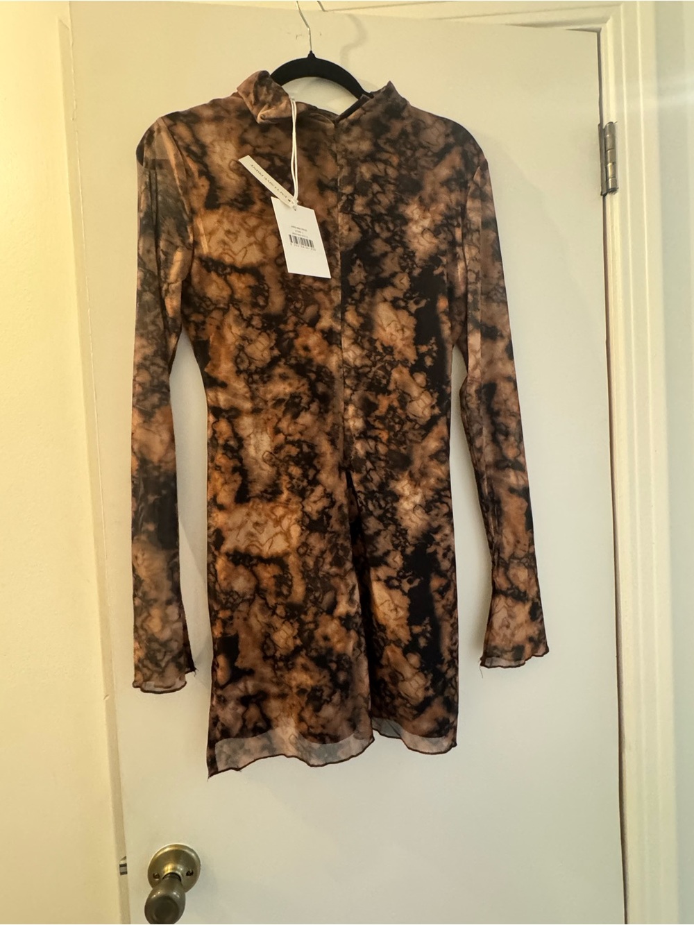 Tie-Dye Long Sleeve Mesh Dress in Brown Black - Unbranded